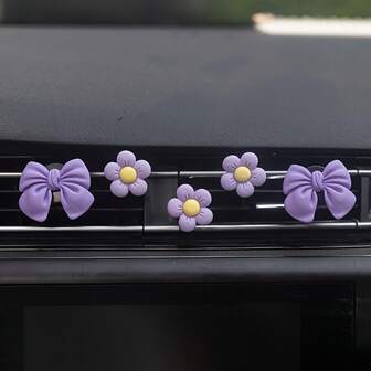 5 قطع / 3 قطع من الزخارف الخفيفة والطازجة للزهور والفيونكة لفتحات تهوية السيارة، مشابك زخرفية للزهور والفيونكة الصغيرة لفتحات تهوية السيارة، بدون رائحة