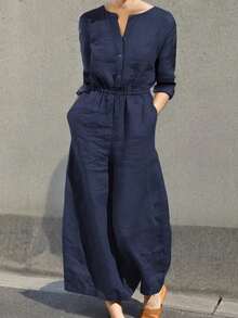 Jumpsuit | Long Sleeve, Wide Leg | Machine Washable | Casual, Elegant | Weekend Outing, Dating | Fashionable - Blue - View 6