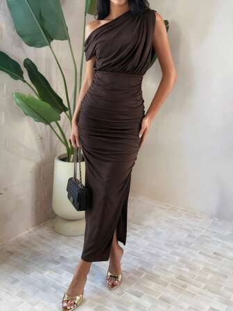 QIANZHIDU Solid Color Elegant Asymmetric Shoulder High Slit Ruffle Hem Bodycon Curve Dress, Suitable For Daily Office, Christmas Party, Wedding Guest, New Year, Fall Women Clothes