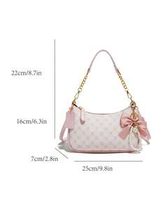 全新时尚高品质PU材质，粉色蝴蝶结吊坠设计，金属拉链闭合，顶部配有可调节金属链带，优雅时尚，适合肩背、手提或斜挎，非常适合女孩通勤、外出、购物、约会和日常活动。 - 粉色 - 查看 2