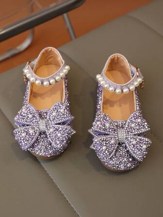 1 Pair Plus Size 2025 New Fashion Versatile Pink Girl Pearl & Rhinestone Bow Decor Cute Flat Shoes, Round Toe, Suitable For Daily Wear, Dancing, Outdoor In Spring & Autumn, Glitter Decoration Closed Toe Princess Ballet Shoes, Run Small By Half Size