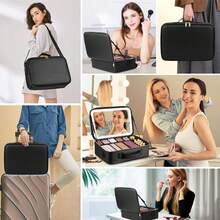 15''X11'' Large Capacity Makeup Bag With LED Mirror, Professional Makeup Case Organizer With 3 Color Light Adjustable Brightness, Travel Make Up Cosmetic Case With Detachable Dividers & Shoulder Strap - Black - View 6