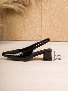 1 Pair Teenage Fashion Crocodile Embossed Pointed Toe Chunky Heel Slingback High Heel Sandals, Suitable For Party, Banquet, Wedding, Comfortable For Commuting, Brown Formal Shoes - Black - View 9
