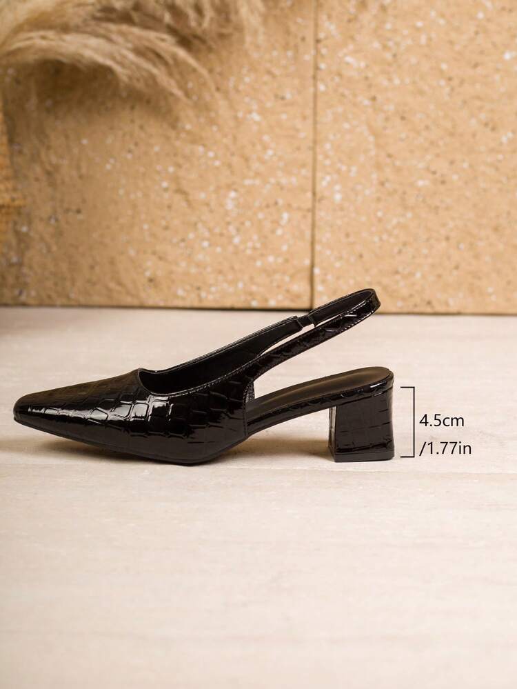 1 par de sandalias de tacón alto con punta puntiaguda y tacón grueso con estampado de cocodrilo, adecuadas para fiestas, banquetes y bodas, cómodas para ir al trabajo, zapatos formales de color marrón, para adolescentes - Negro - Añade 9