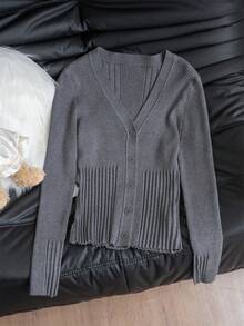 V领设计，细扣环，长袖，罗纹针织毛衣，女士开衫，适合秋冬季、返校季、圣诞节和新年等场合，优雅休闲的长袖上衣 - 灰色 - 查看 10