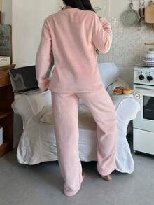 SANRIO 2件套女士Hello Kitty加厚绒宽松长袖上衣+舒适长裤可爱睡衣套装 - 粉色 - 查看 9