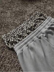 Men's Illusion Two-Piece Double-Waist Leopard Print Design Baggy Sweatpants, Y2K Street Hip-Hop Style Straight And Slightly Stretchy Trousers - 灰色 - 查看 2