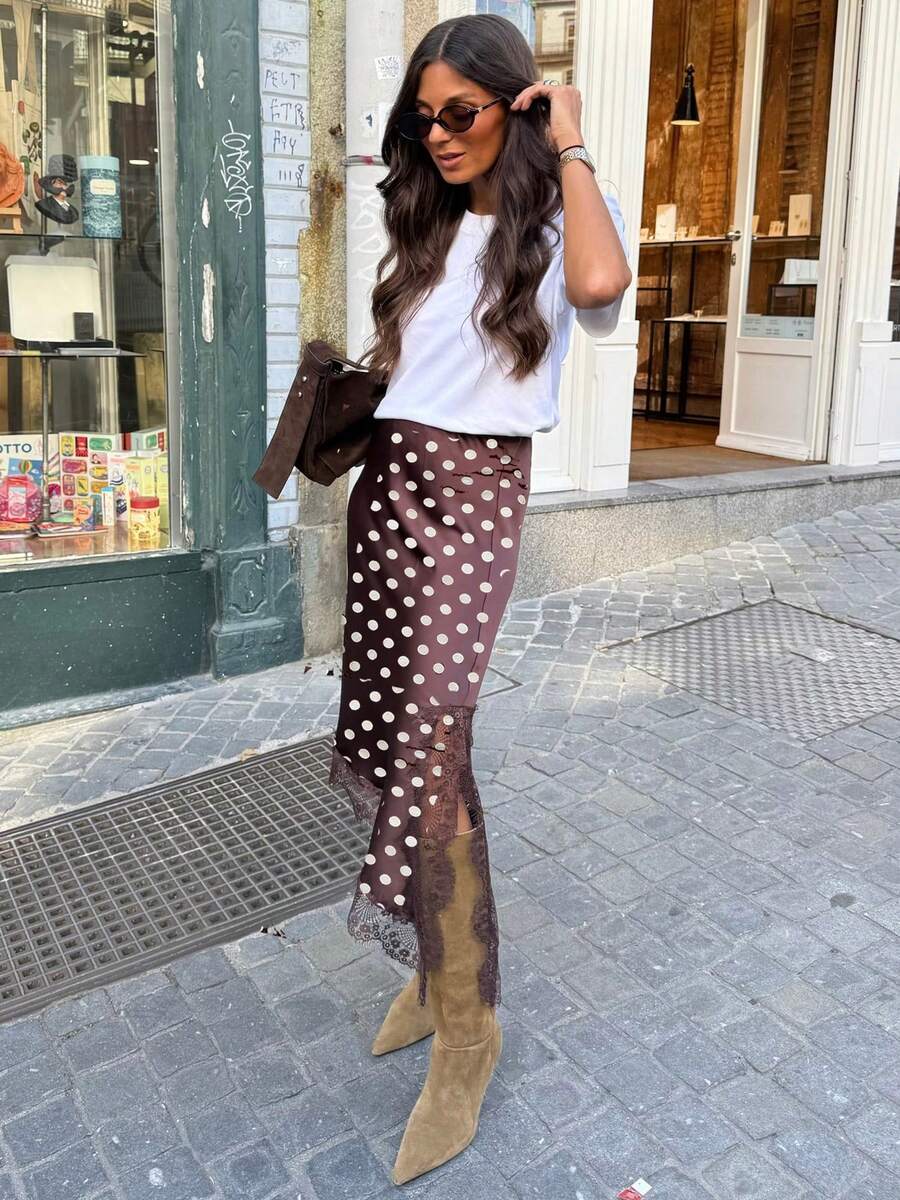 Women Satin Lace Trim Midi Skirt Polka Dot Print High Waist Long A-Line Skirts Vintage Silk Going Out Dress Y2k Streetwear Party Clubwear - 鏽棕色 - 查看 1