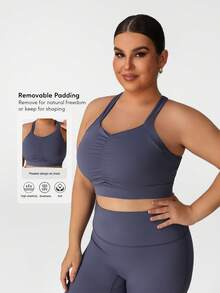 Sodalemon Plus Size Women Sports Bra For Fitness, Padded, Elastic Fabric, Solid Color, Casual Outdoor Yoga Racerback Sports Bra - Blue - View 3