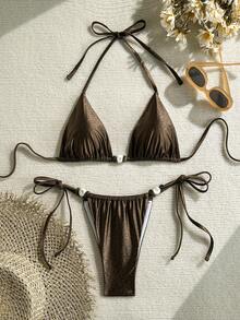 2026 Spring/Summer New Shiny Leopard Print Embossed Triangle Halter Two Pieces Sexy Women Swimsuit For Vacation - Brown - View 1