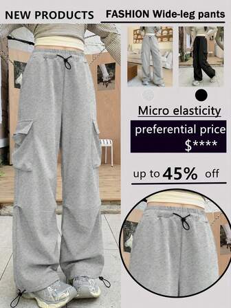 1 st damjoggingbyxor med hög midja | Tonårsflickor Casual byxor med vida ben, design med flera fickor, bekvämt tyg, lös passform, slät textur, lämplig för jogging, yoga, fitness