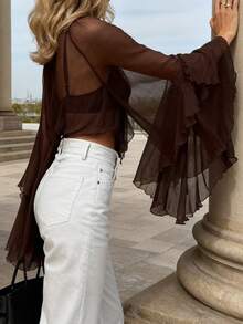 Women Long Bell Sleeve Sheer Mesh Tops See Through Chiffon Ruffled Casual Loose T-Shirt Flowy Shawl Coverups - màu nâu - Xem 6
