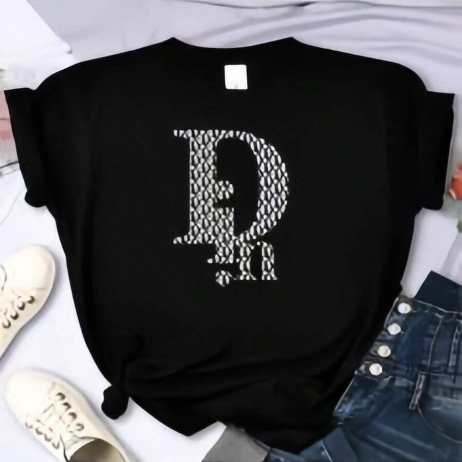 For Women's Luxury Brand Letter Print Short Sleeve Casual Top For Spring &Amp; Summer, Women's Clothing Casual Basics O-Collar - Negro - Ver 1