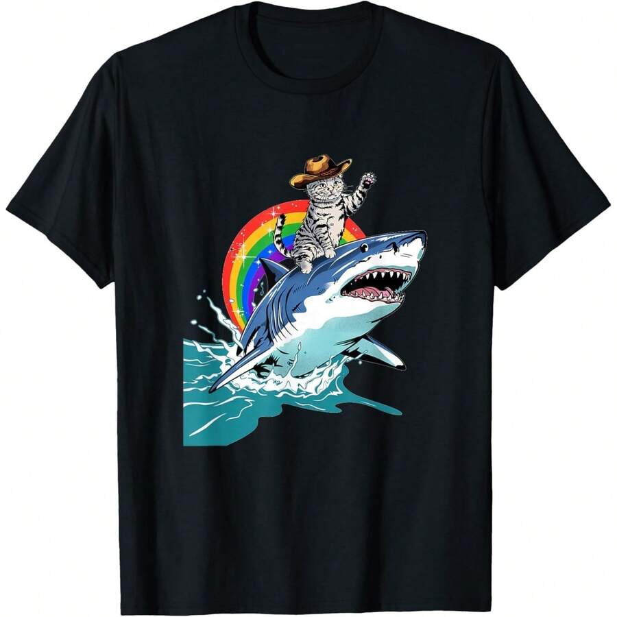Cat Riding Shark - Camiseta divertida de meme animal - Negro - Ver 1