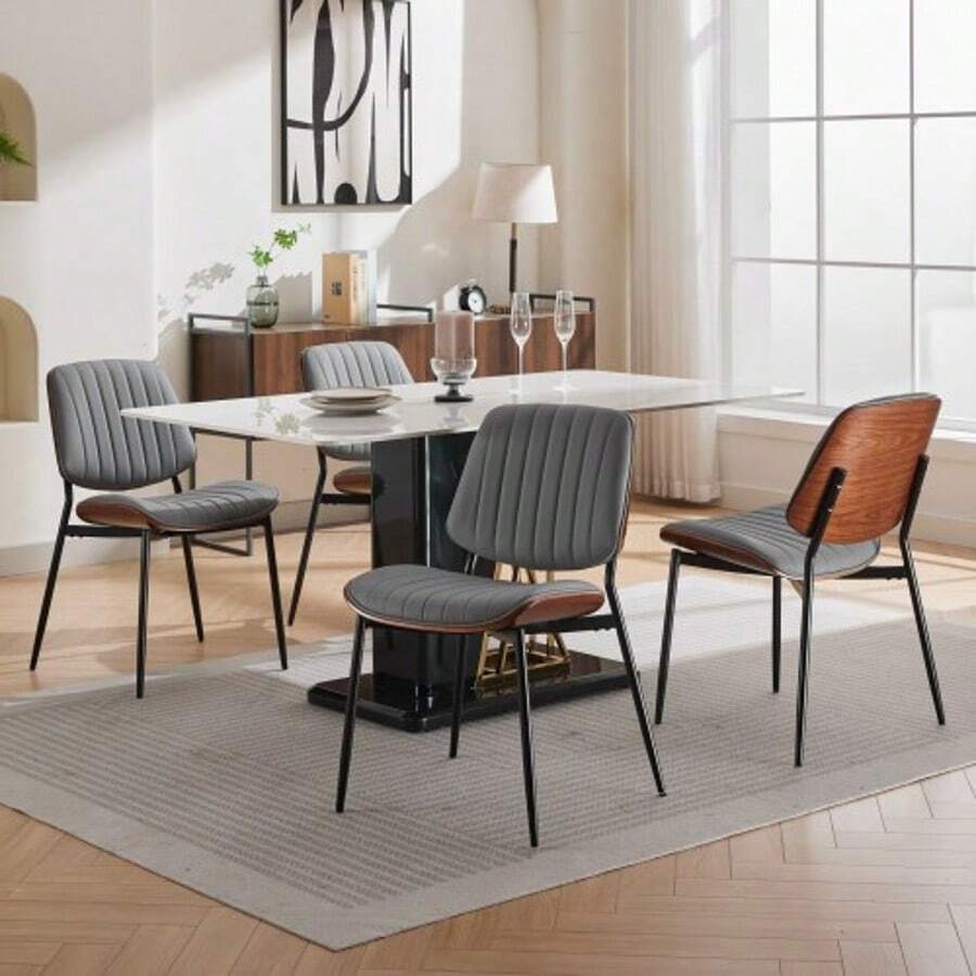 Set Of 2 Mid-Century Modern Retro Dining Chairs In Grey Faux Leather With Bentwood Walnut Backrests, Padded Seats, And Adjustable Metal Legs, For Kitchen And Dining Room, DE1849GY - Grey - View 1