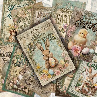 12 pezzi Cartoline d'epoca di Pasqua con coniglietto, uova di Pasqua e disegni floreali - Illustrazioni vintage pin-up, cartoline decorative da collezione per vacanze, souvenir e decorazione da camera da letto, scrapbooking, junk journal, artigianato e biglietti regalo