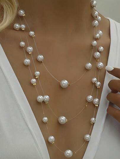 1pc Fashionable & Elegant Multi-Layer Acrylic Beaded Necklace, Versatile For Women To Wear Casually, To Parties, Gatherings, Vacations, And Leisure Activities