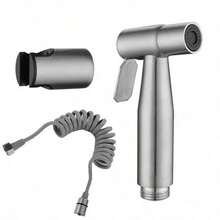 Pistola Multifuncional para Inodoro - Kit 3 Piezas con Base de Perforación, Boquilla Acero Inoxidable y Manguera 2m - Plateado - Ver 6