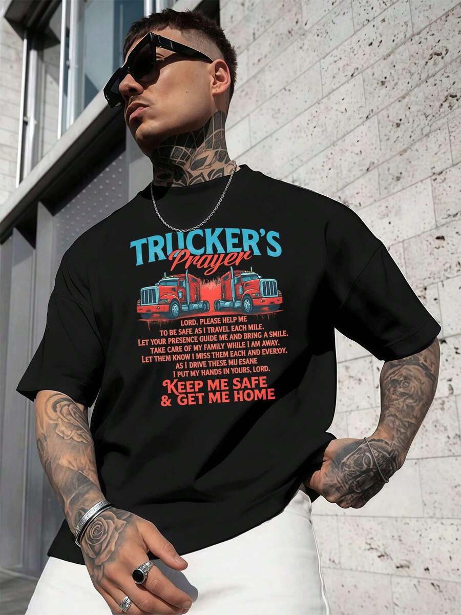 PLUS SIZE Trucker Prayer Graphic Print Tee Men Premium Fabric, Relaxed Fit, Street Hip-Hop, Comfortable, Unique Graphic Print - Black - View 1