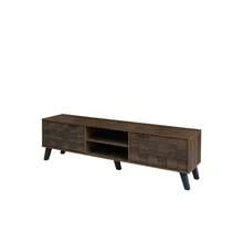 Modern TV-bänk med 2 hyllor och 2 öppna dörrar i mörkt trä Maserung – 160,5 x 35,5 x 45 cm - Mörk valnötsfärg + spånskiva - Visa 8