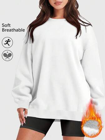 Speed mate Sweat-shirt-shirt ample à épaules tombantes pour femmes - Pull ample à col ras-du-cou à manches longues de couleur unie, convenant à l'automne/hiver | Sweat-shirt-shirt de sport ample et décontracté