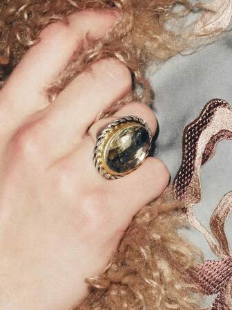 ZAA Büyük Oval Eklemeli Değerli Taş Yüzük, Vintage Kristal Antik Altın ve Gümüş Çift Tonlu Açık Yüzük, Şık ve Abartılı Alaşım Geometrik Yüzük, Sade ve Zarif Mizaç Yüzüğü, Kadın Takısı