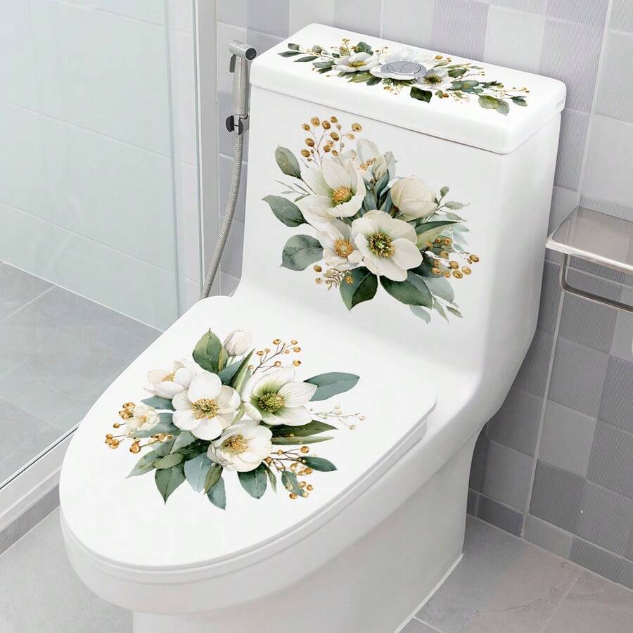 Luxury White Floral Toilet Decal, Refreshing Bathroom Atmosphere, Self-Adhesive Waterproof Renovation Sticker - Multicolor - View 1
