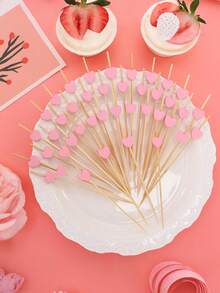 100 chiếc tăm tre hình trái tim màu hồng, tăm xiên cocktail hình trái tim dùng cho món khai vị, tăm tre dài trang trí ngày Valentine, đám cưới, tiệc sinh nhật (hình trái tim màu hồng) - Màu Hồng baby - Xem 2