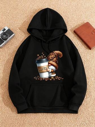 Women's Plus Size Loose Casual Wear, Featuring Cartoon Dwarfs, Coffee Cups, And "COFFEE" Printed Patterns. The Drawstring Brim Design Is Fashionable And Versatile, Suitable For Autumn And Winter Wear, Making It An Ideal Choice For Women's Sports And Casual Wear.