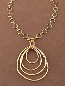 SUPBORA 1pc Fashion Matte Gold/Silver Color Asymmetrical Open Hollow Square Shape Pendant Chunky Chain Statement Necklace Suitable For Women's Daily Wear 18" - Open Oval - View 2