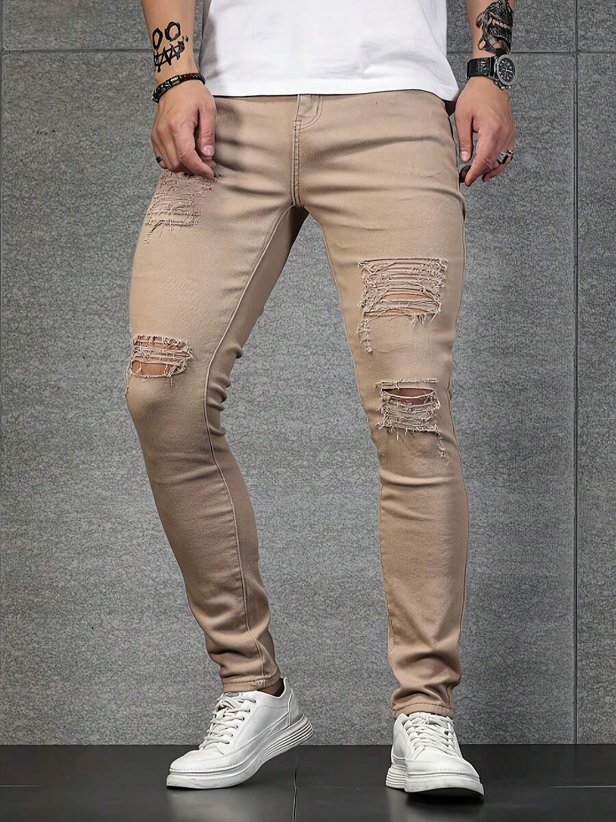 Men's Casual Jeans, Men's Ripped Slim Fit Straight Leg Jeans With Holes - Màu Khaki - Xem 1