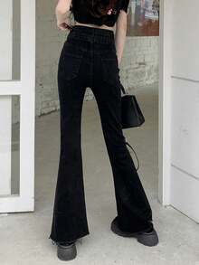 Celana Jeans Wanita Model Slim Fit Pinggang Tinggi dengan Potongan Lebar dan Kantong, Kasual, Warna Hitam, Cocok untuk Musim Semi dan Gugur. - Hitam - View 4