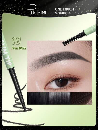 Pudaier قلم حواجب ثنائي الطرف مع فرشاة - مقاوم للماء، مقاوم للعرق، طويل الأمد، فائق النحافة، أسود، رمادي، بني داكن، مثالي للمظهر البري والطبيعي