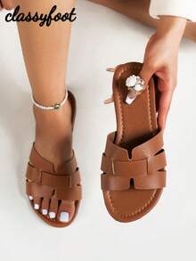 女士时尚蛇皮平底凉鞋，棕色夏季沙滩拖鞋 - 棕色 - 查看 2