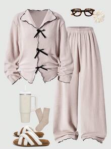 Lurzo Elegant Fashion Girls Bowknot Solid Color Long Sleeve + Long Pants 2 Pieces Set Loungewear, Made Of Comfortable Fabric And Wool Collar Design, Perfect For Spring/Autumn Pajama Party And Casual Night - Apricot - View 4