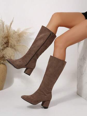 Light Brown Loose Straight Shaft Boots, Side Zipper Design, Classic Suede Long Boots, Chunky Heel Fashion Boots For Autumn/Winter, Slip-On Comfortable Breathable Elegant Versatile Knee-High Boots For Women