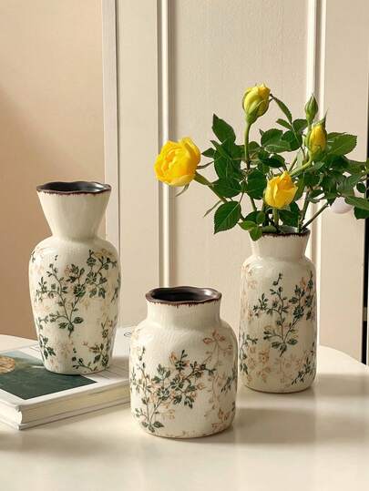 1pc/3pcs Handmade Vintage Ceramic Flower Vase, Crackle Glaze Design With Green Floral Pattern On White Background, Wavy Rim, Home Decor Vase For Entryway/Living Room/Bedroom/Party/Wedding, Valentine's Day Gift
