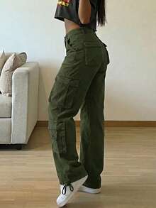 Women's Mid Waist Cargo Jeans With Multi Pockets, Wide Leg Loose Fit Denim Pants With Adjustable Hem - xanh quân đội - Xem 2