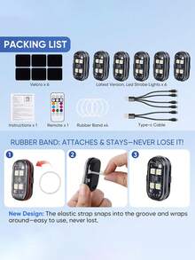 Upgraded Version With 4 LED Beads, 2/4/6 Wireless LED Strobe Light, With Remote Control, 8 Colors, Type-C Rechargeable LED Light, Anti-Collision Warning Light, Suitable For Cars, Motorcycles, Bicycles, Drones, Etc.