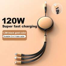 120W Multi-Function Fast Charging Cable, 3-In-1 Retractable Charging Cable - USB C/Lightning/Micro USB, 5A High-Speed Fast Charging Cable, Adjustable Data Cable, Suitable For All Devices Travel Multi-Function Charger