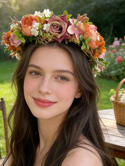 1Pc Floral Crown Headband Flower Garland Headband Hair Wreath Hair Garland Flower Halo Floral Headpiece Boho With Ribbon Wedding Party Festival Rosy