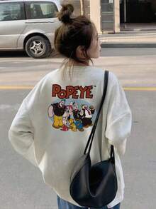 Women's Simple Solid Light Gray Undershirt, Loose Fit, Versatile For Daily, Home, Commute, Street, Y2K Style With Contrast Color Letter & Cartoon Print Crew Neck Long Sleeve Top T-Shirt - Light Grey - View 2