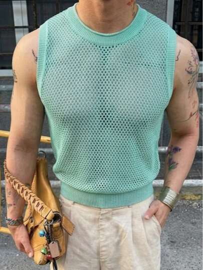  Áo tank top dệt kim không tay cổ tròn màu trơn, dáng rộng, thoải mái, dành cho nam và nữ, phong cách thể thao năng động, mùa xuân/hè của ANDREILEE, màu xanh lá cây.