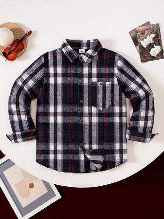 Young Boy Classic Streetwear Plaid Long Sleeve Shacket, Navy Blue