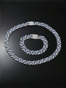 Set de 2 piezas de joyería de hip hop, collar y pulsera de eslabón cubano totalmente cubiertos de hielo, regalo adecuado para hombres y mujeres - Conjunto cubano de dos piezas con diamantes de imitación - Ver 4