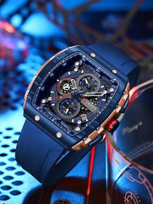 Fashionable Wine Barrel Shaped Large Dial Sports Watch With Unique Rectangular Hollow Design Quartz Watch, Equipped With Chronograph Automatic Date - Màu xanh lam - Xem 4