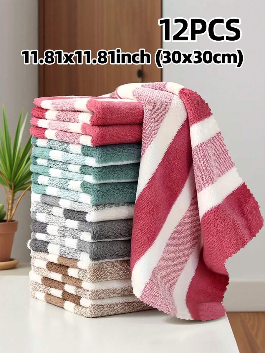 Bộ 12 khăn mặt bằng vải lông san hô mềm mại, kích thước 30x30cm, nhanh khô và thấm hút cao | Khăn đa năng dùng để lau mặt, lau tay, lau bếp và phòng tắm.