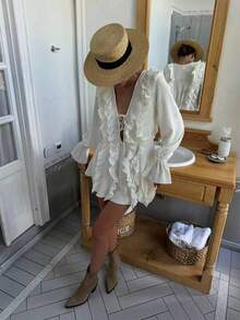 纯色浪漫荷叶边雪纺长袖V领休闲沙滩度假长裙 - 白色 - 查看 3