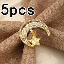 1/5pcs Ramadan Napkin Rings, Gold/Silver Rhinestone Moon & Star Napkin Holders, Suitable For Ramadan Party, Gathering, Holiday Gifts, Dining Table Decor, Home & Restaurant Use