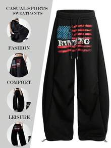 宽松阔腿慢跑裤，带字母口袋，男女通用直筒休闲运动裤，适合日常穿着，春/秋/冬季 - 耀夜黑 - 查看 8